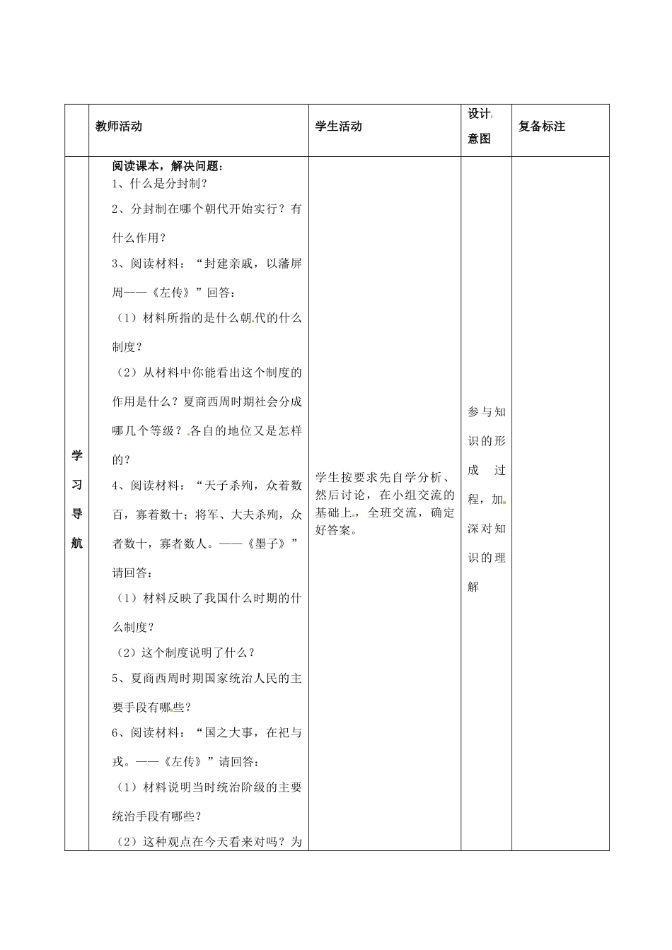 山东省滨州市邹平实验中学七年级历史上册《第6课 夏商西周的社会与国家》教案 北师大版_第3页