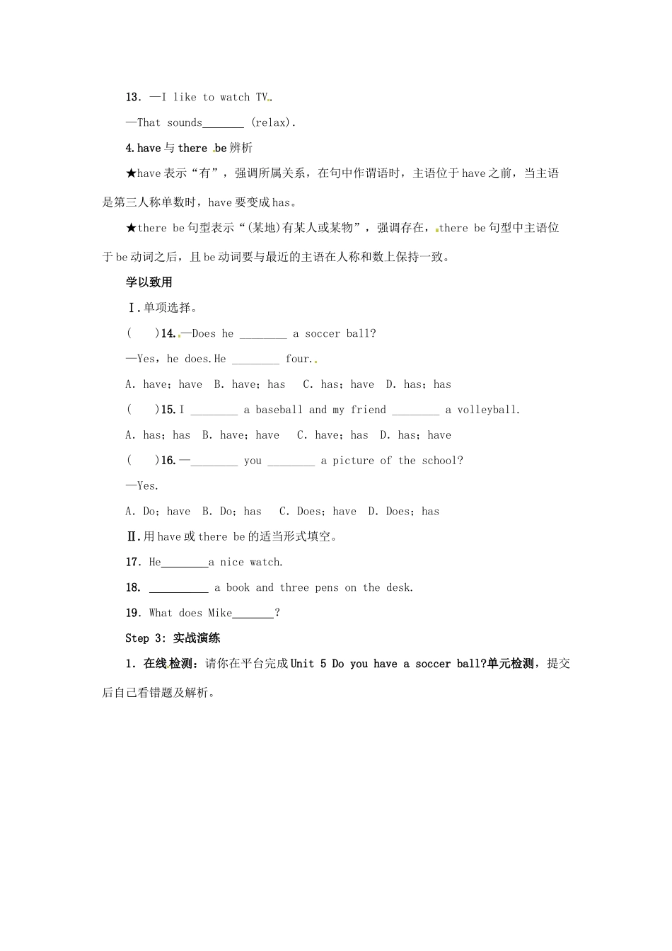 秋七年级英语上册 Unit 5 Do you have a soccer ball复习导学案 （新版）人教新目标版-（新版）人教新目标版初中七年级上册英语学案_第3页