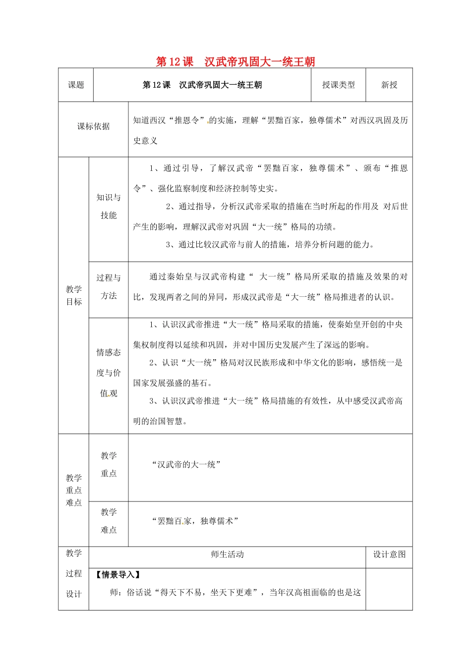 陕西省安康市石泉县池河镇七年级历史上册 第12课 汉武帝巩固大一统王朝教学设计 新人教版-新人教版初中七年级上册历史教案_第1页