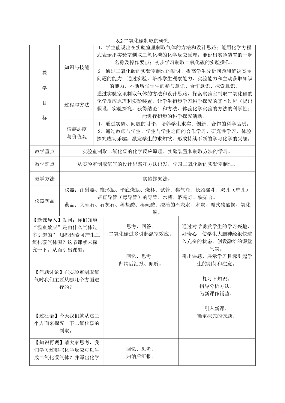 九年级化学上册《6.2 二氧化碳制取的研究》教学设计 （新版）新人教版_第1页