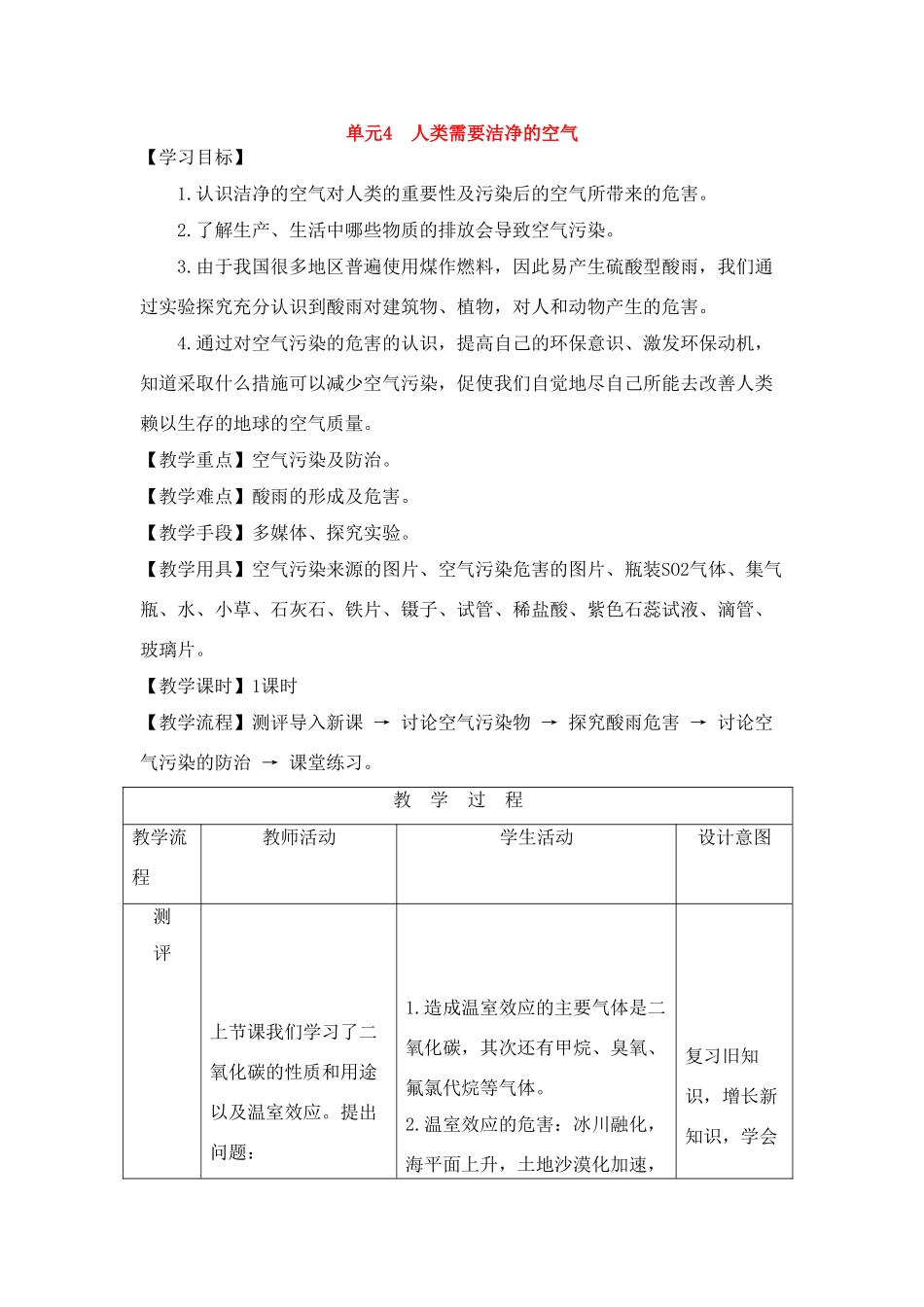 九年级化学上册《专题3单元4 人类需要洁净的空气》教案湘教版_第1页