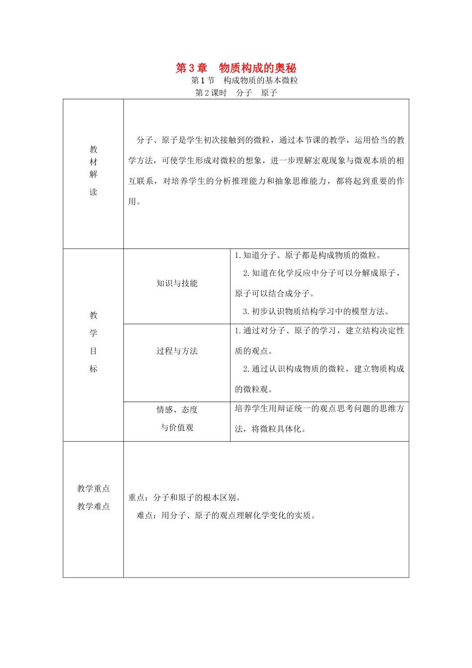 秋九年级化学上册 第3章 物质构成的奥秘 第1节 构成物质的基本微粒 第2课时 分子 原子教案 沪教版-沪教版初中九年级上册化学教案_第1页