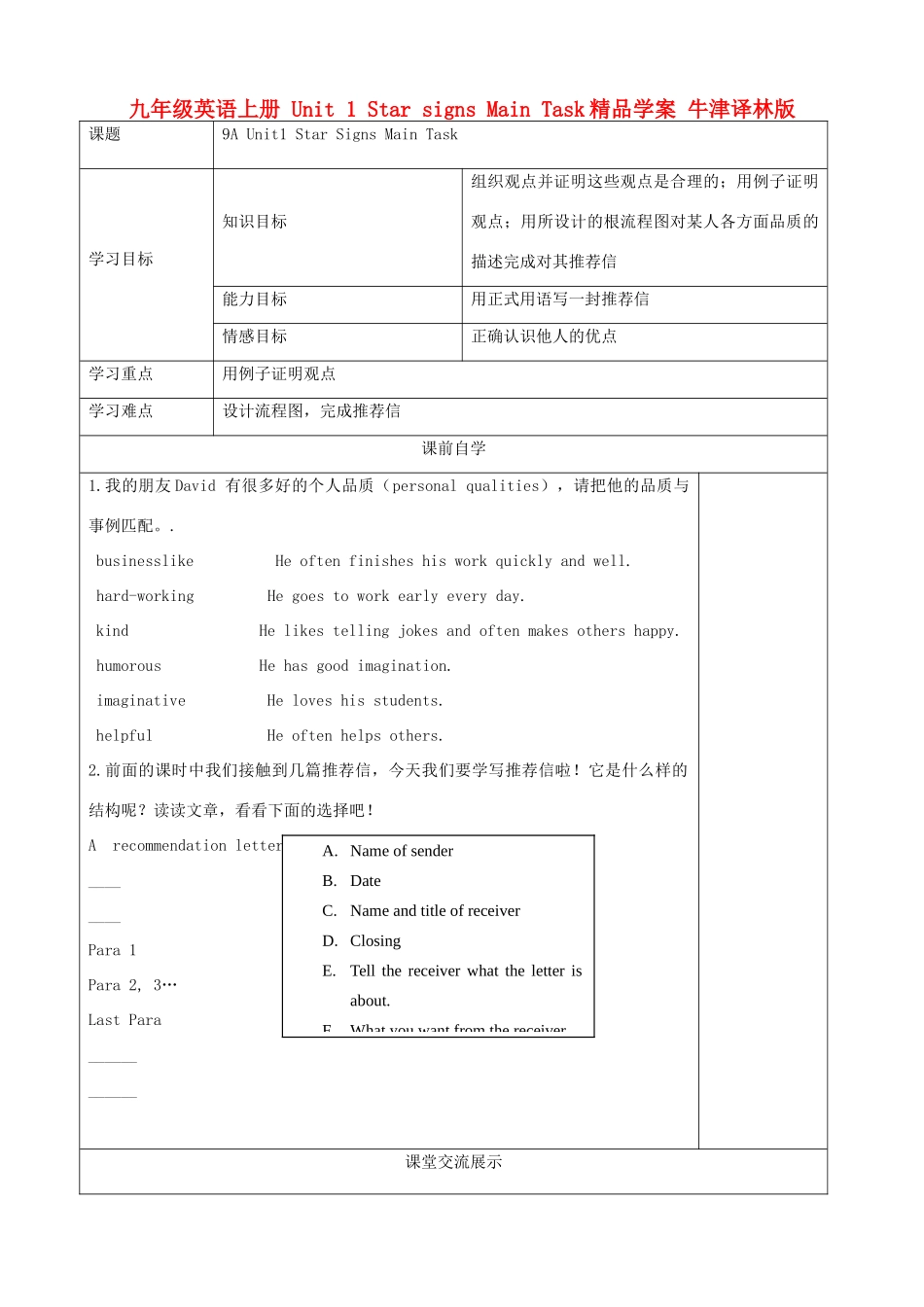 九年级英语上册 Unit 1 Star signs Main Task精品学案 牛津译林版_第1页