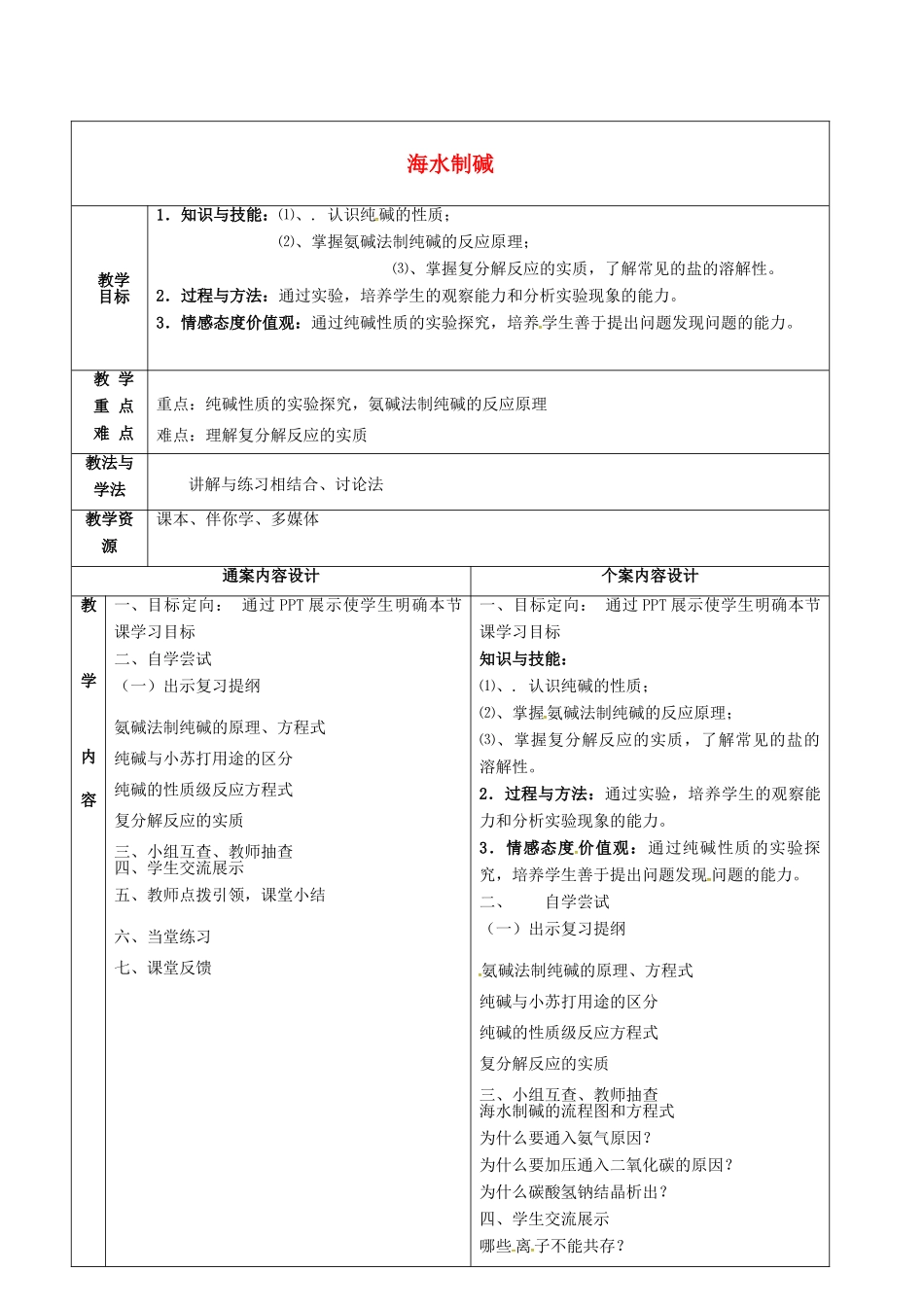 九年级化学全册 3.3 海水制碱教案2 鲁教版五四制-鲁教版五四制初中九年级全册化学教案_第1页