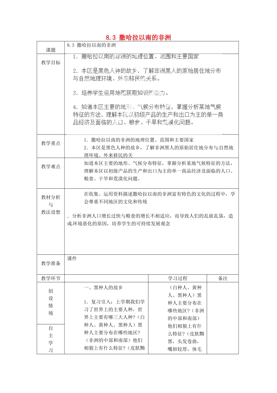山东省临沂市蒙阴县第四中学七年级地理下册 8.3 撒哈拉以南的非洲教案 （新版）新人教版_第1页