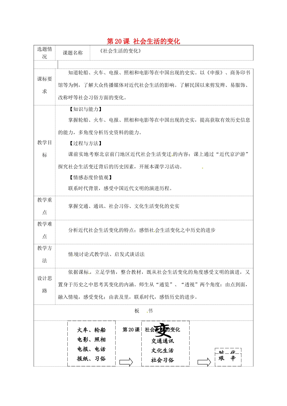 山东省龙口市诸由观镇诸由中学八年级历史上册 第六单元 第20课 社会生活的变化教案 新人教版_第1页