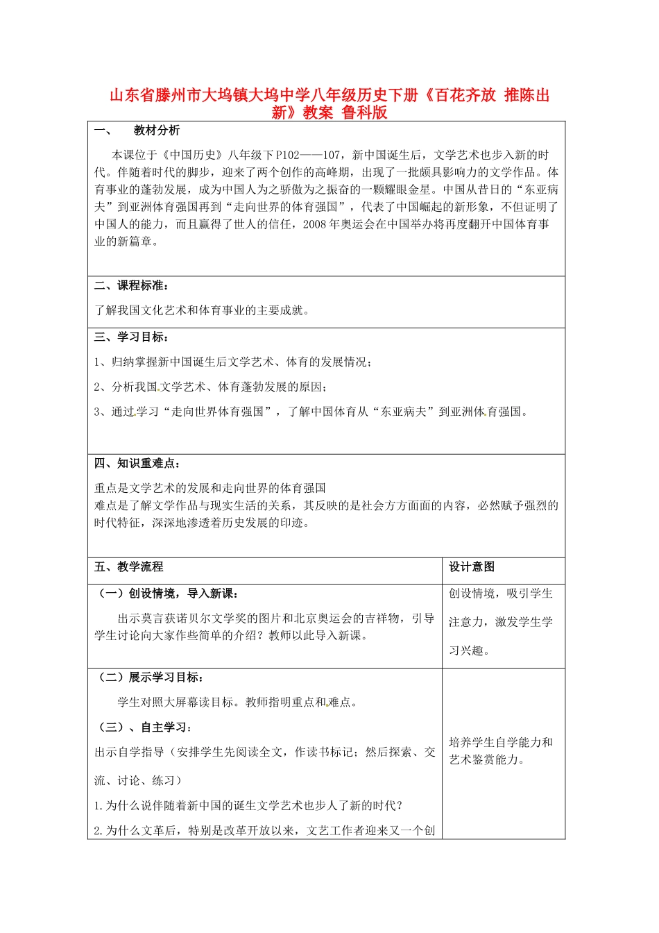 山东省滕州市大坞镇大坞中学八年级历史下册《百花齐放 推陈出新》教案 鲁科版_第1页