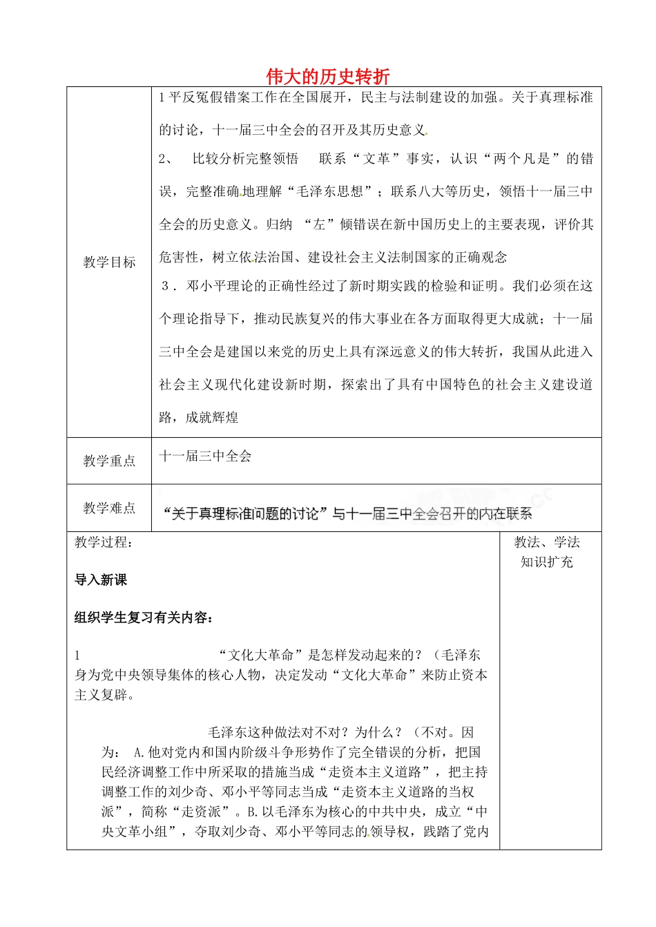 山东省青岛市黄岛区海青镇中心中学八年级历史下册 8 伟大的历史转折教案 新人教版_第1页