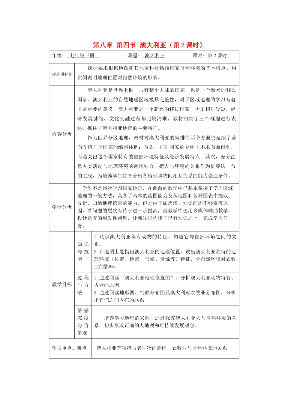 江苏省盐城市盐都县郭猛中学七年级地理下册 第八章 第四节 澳大利亚（第2课时）教学设计 （新版）新人教版_第1页