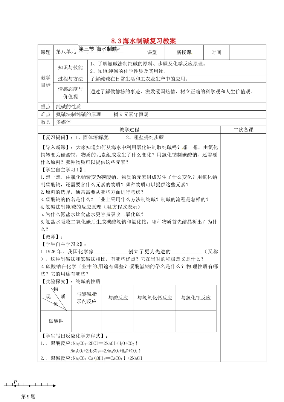 山东省滨州市博兴县第六中学九年级化学下册 8.3海水制碱复习教案 （新版）鲁教版_第1页