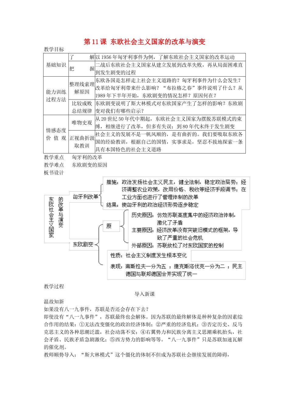 九年级历史下册 第五单元 社会主义国家的改革与演变 第11课东欧社会主义国家的民族改革与演变名师教案 新人教版_第1页