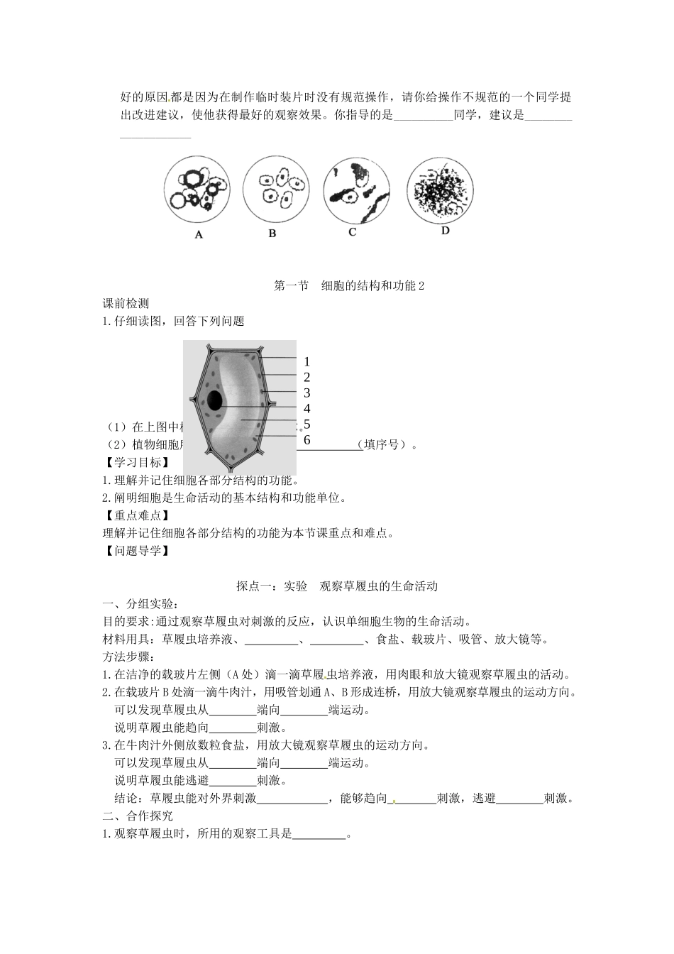 山东省单县希望初级中学七年级生物上册 1.2.1 细胞的结构和功能学案（无答案） 济南版_第3页