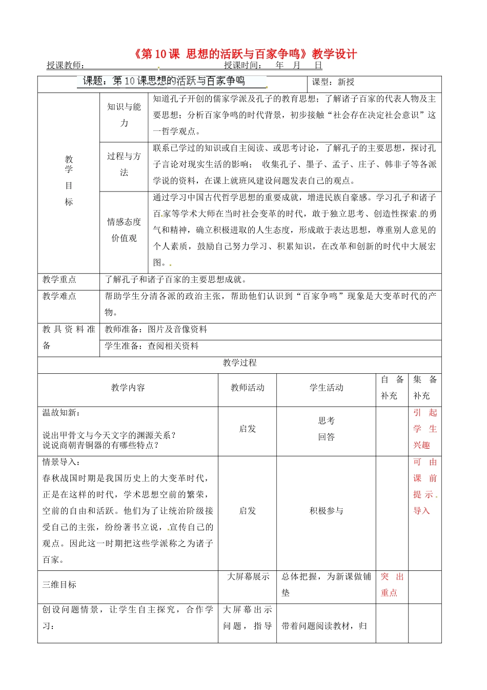 辽宁省大连市76中七年级历史上册《第10课 思想的活跃与百家争鸣》教学设计 北师大版_第1页