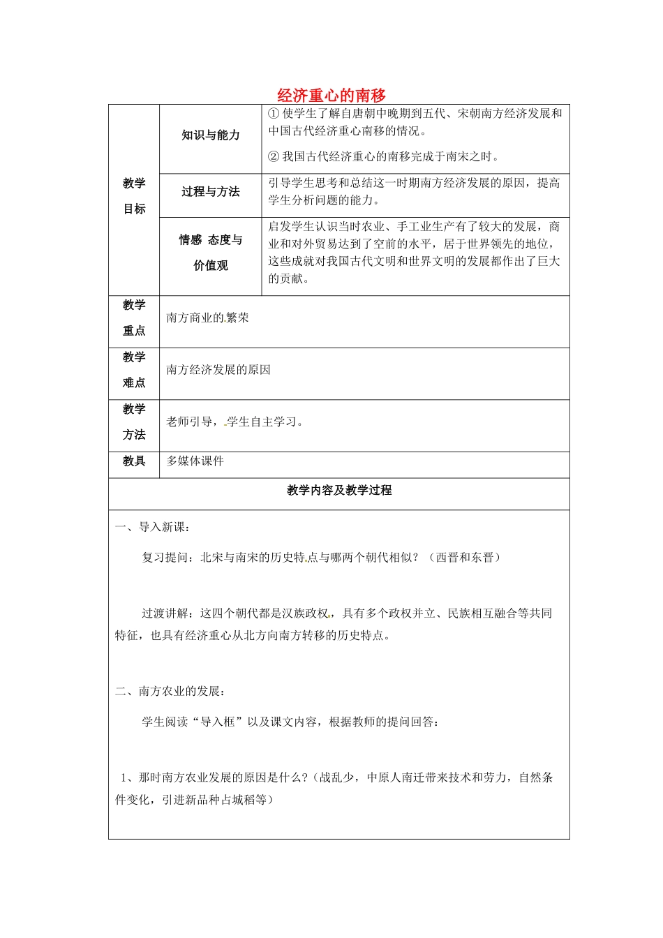 江苏省太仓市第二中学七年级历史下册 10 经济重心的南移教案 新人教版_第1页