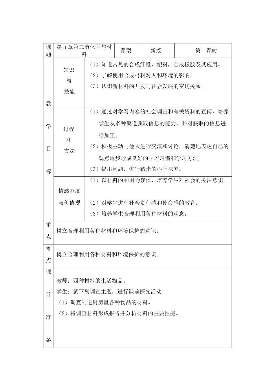 九年级化学第九单元第二节 化学与材料研制教案鲁教版_第1页