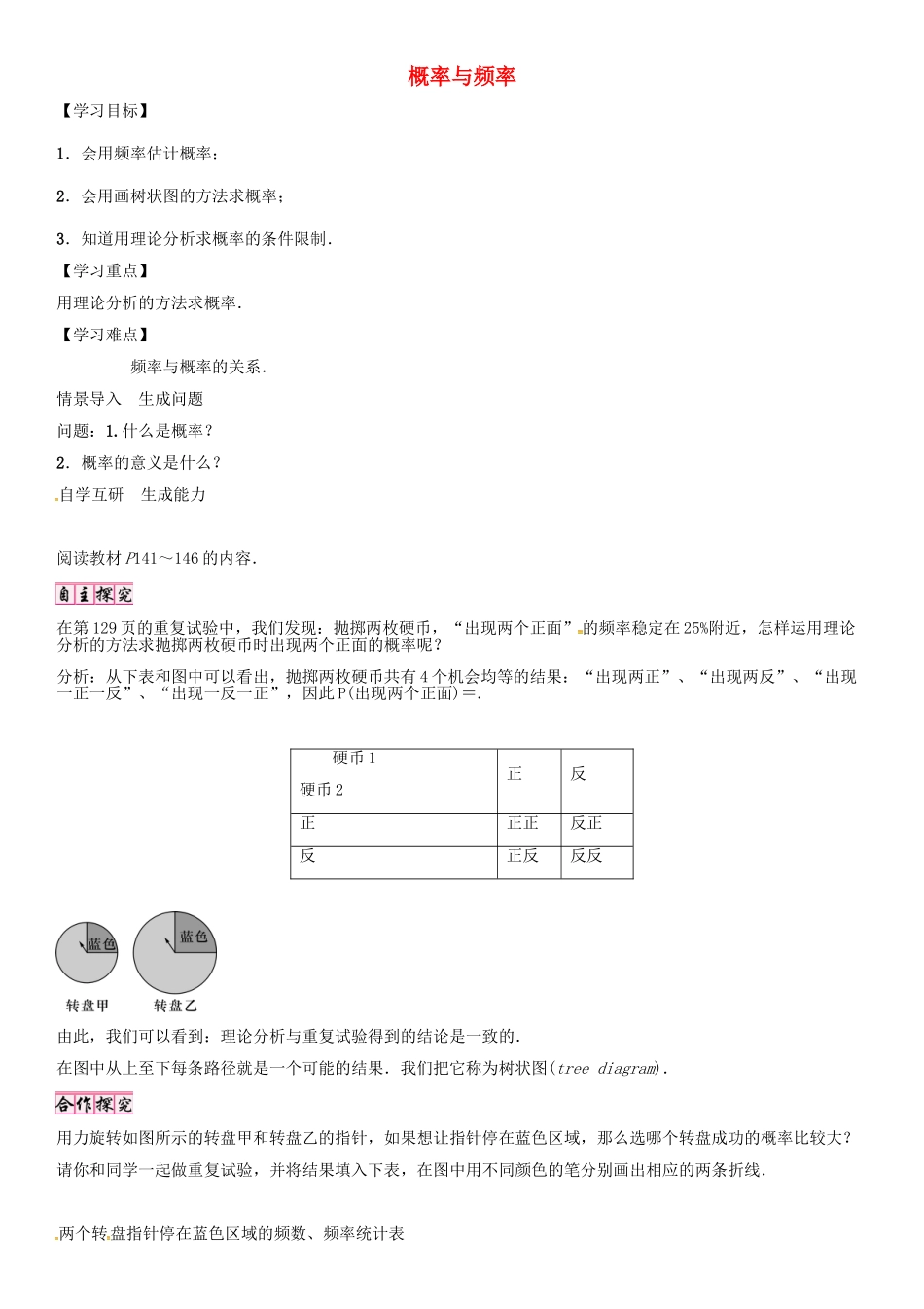 秋九年级数学上册 第25章 随机事件的概率 概率与频率导学案 （新版）华东师大版-（新版）华东师大版初中九年级上册数学学案_第1页