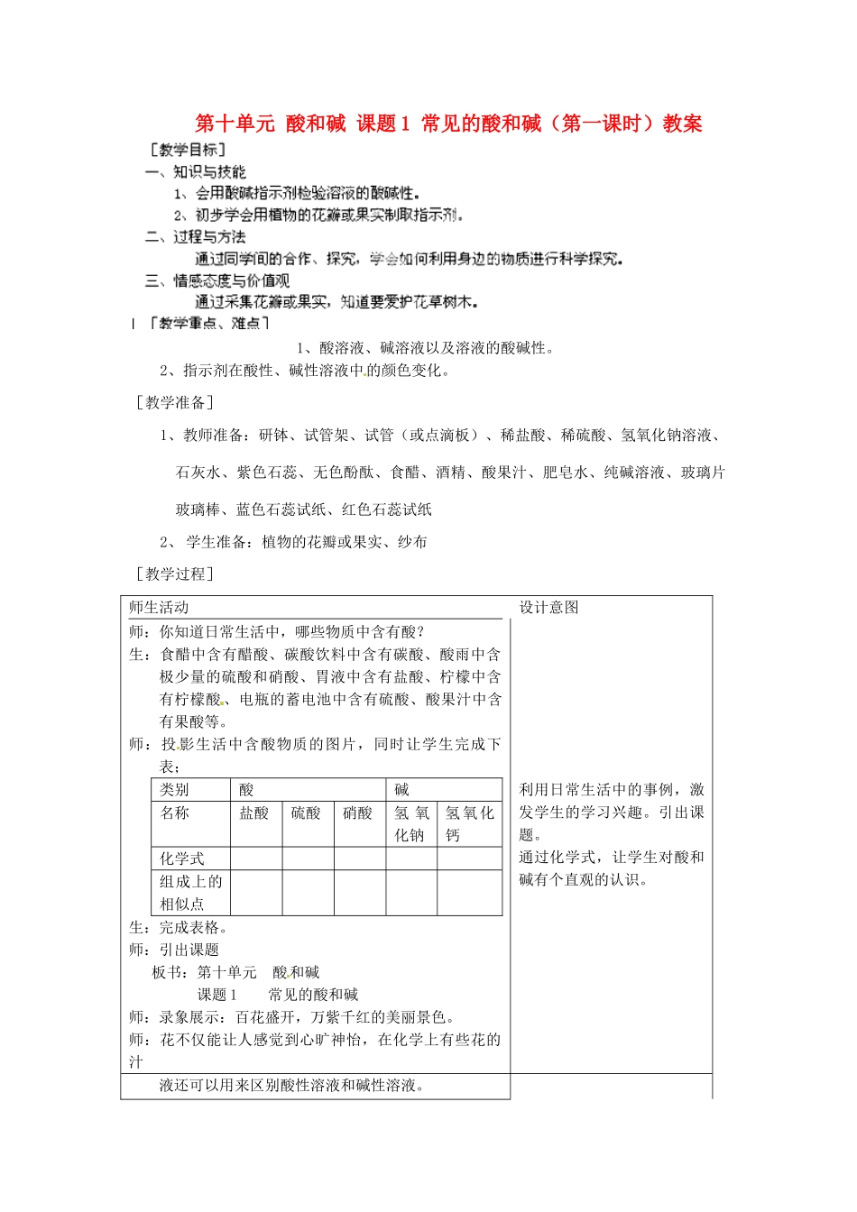 江苏省泰州市永安初级中学九年级化学下册 第十单元 酸和碱 课题1 常见的酸和碱（第一课时）教案 （新版）新人教版_第1页
