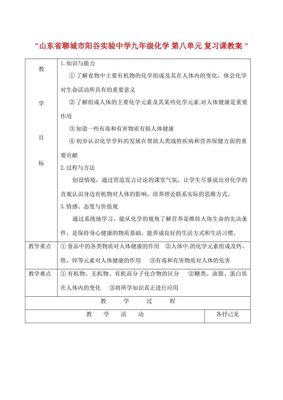 山东省聊城市阳谷实验中学九年级化学 第八单元 复习课教案 _第1页