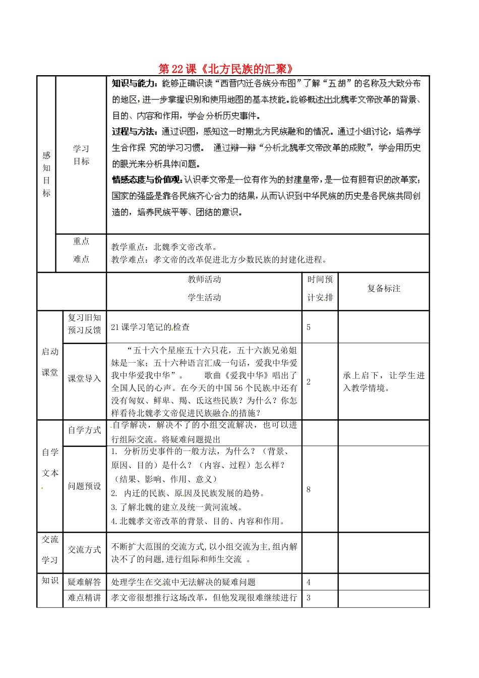 山东省滨州市邹平县实验中学七年级历史上册 第22课《北方民族的汇聚》教案 北师大版_第1页