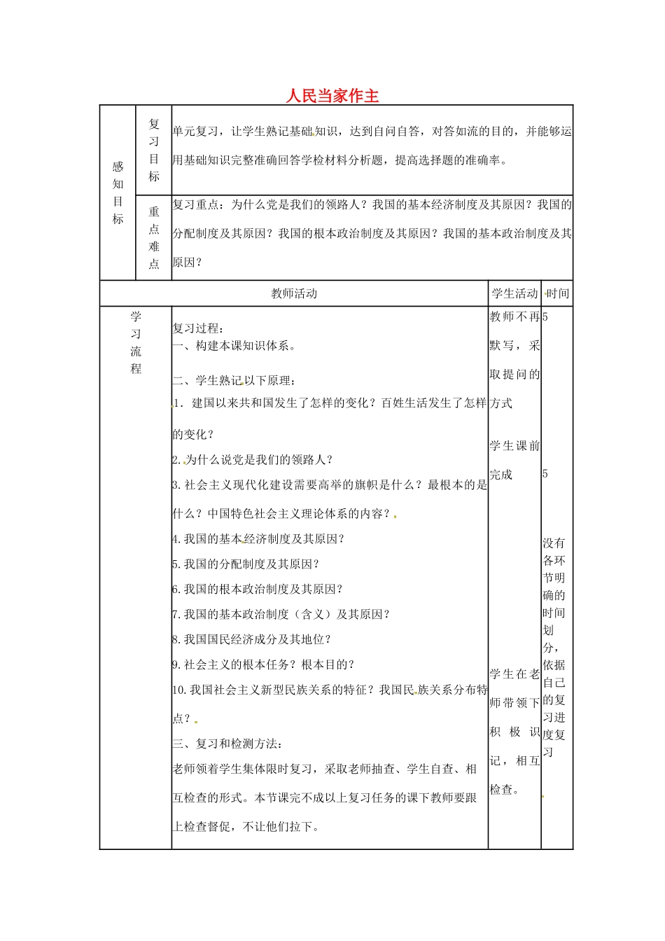 山东省邹平县实验中学九年级政治全册 第5课 人民当家作主教学案 鲁教版_第1页