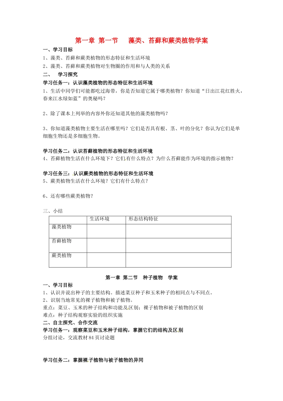 广东省江门市福泉奥林匹克学校七年级生物《藻类、苔藓和蕨类植物》学案_第1页