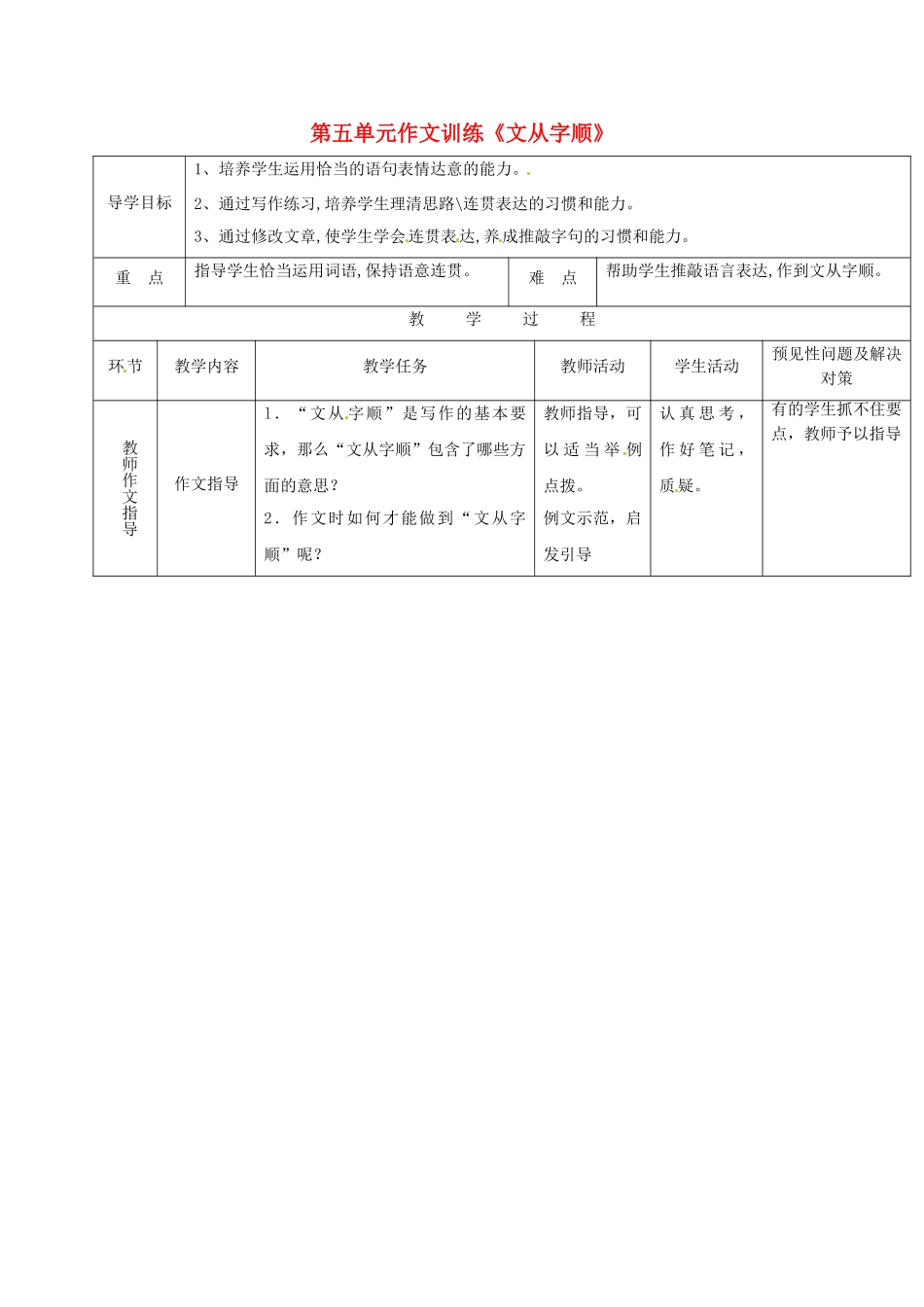 （秋季版）吉林省通化市七年级语文下册 第五单元 作文训练《文从字顺》导学案 新人教版-新人教版初中七年级下册语文学案_第1页