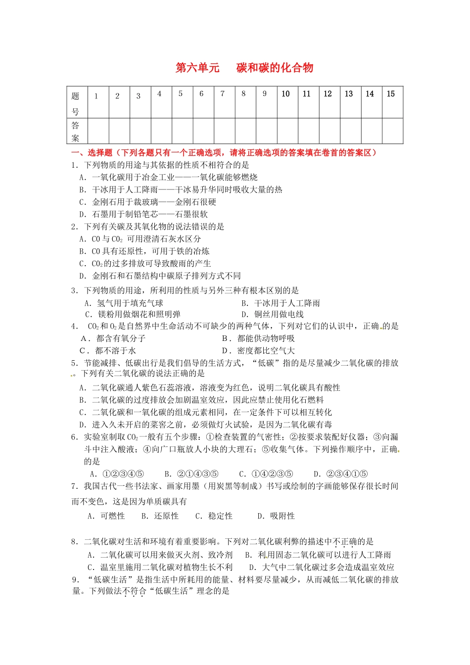 山东省郯城县郯城街道初级中学九年级化学上册 第六单元 碳和碳的化合物自测题（无答案） 新人教版_第1页