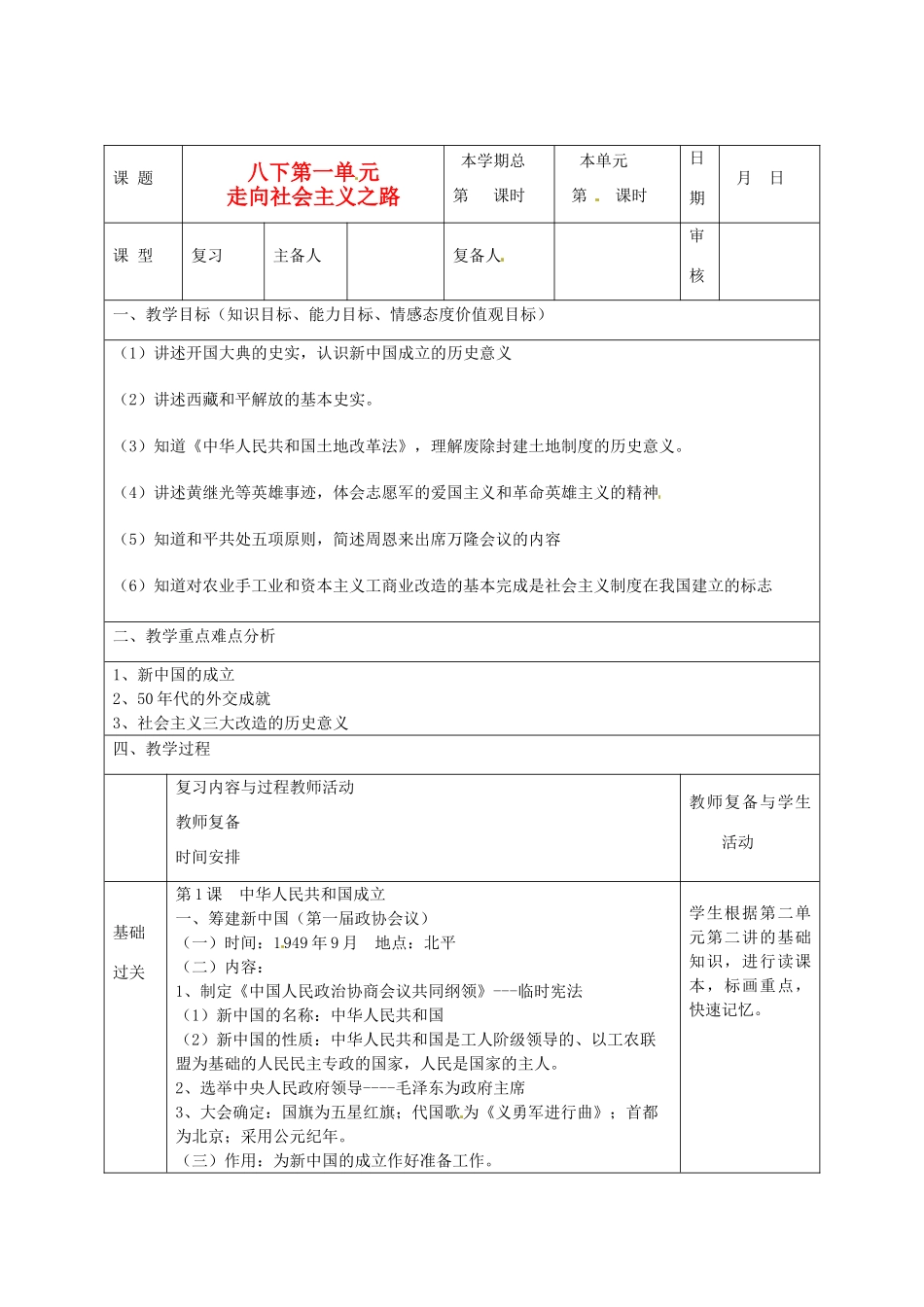 山东省滨州市邹平实验中学八年级历史下册《走社会主义之路》教案 岳麓版_第1页