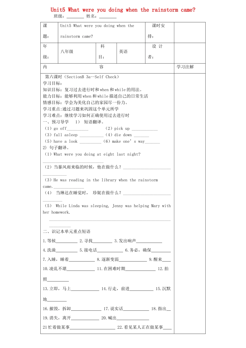 八年级英语下册 Unit 5 What were you doing when the rainstorm came（第6课时）导学案（无答案）（新版）人教新目标版_第1页