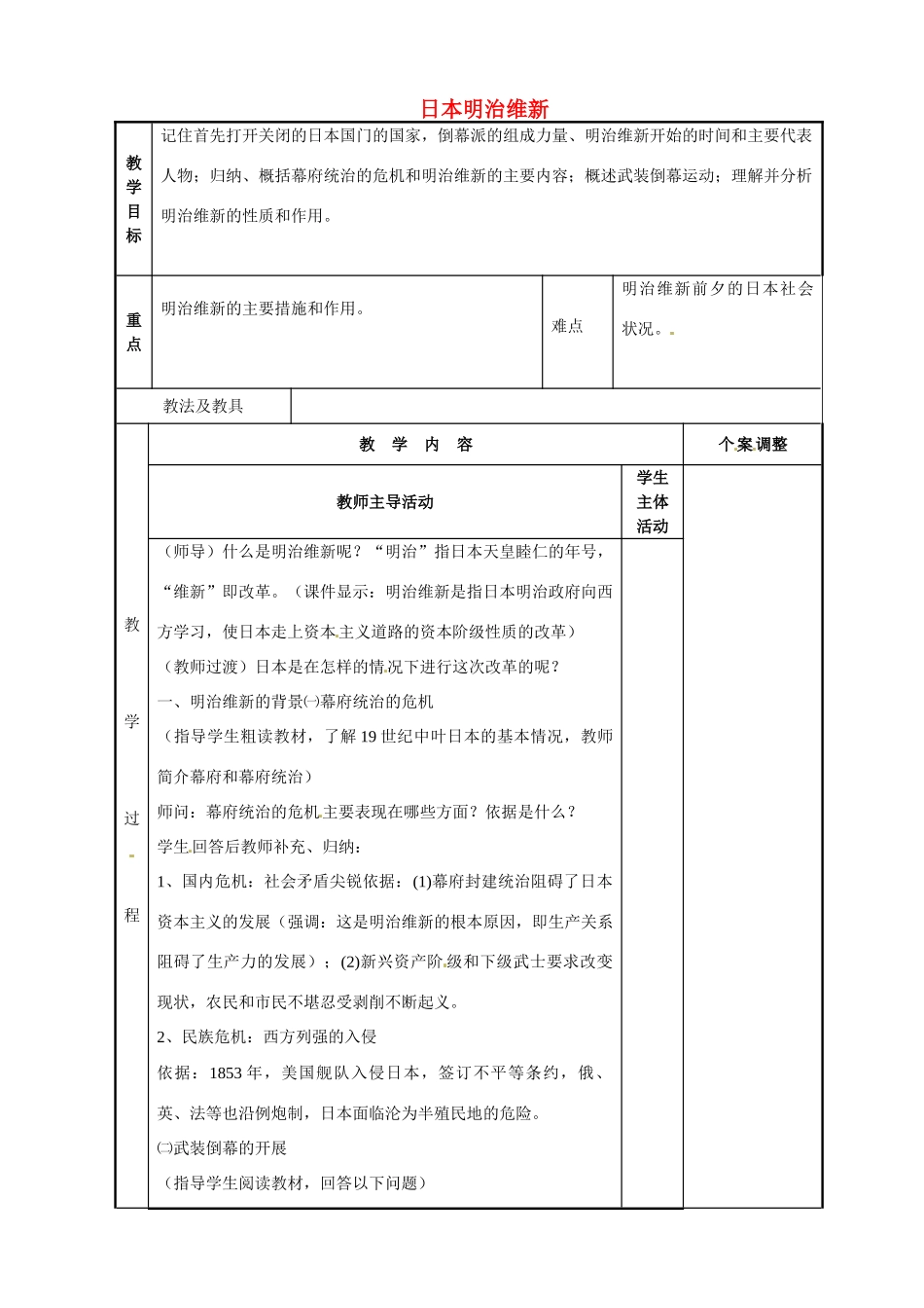 江苏省新沂市第二中学九年级历史上册 21 日本明治维新教案 川教版_第1页
