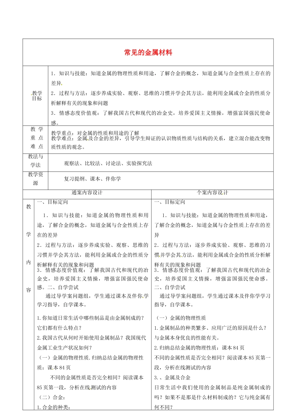 九年级化学全册 4.1 常见的金属材料教案 鲁教版五四制-鲁教版五四制初中九年级全册化学教案_第1页