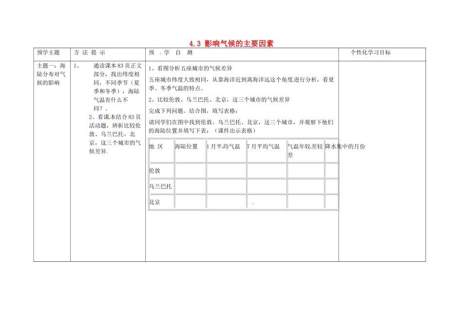 山东省安丘市东埠中学七年级地理上册 4.3 影响气候的主要因素（第三课时）学案（无答案） 湘教版_第1页