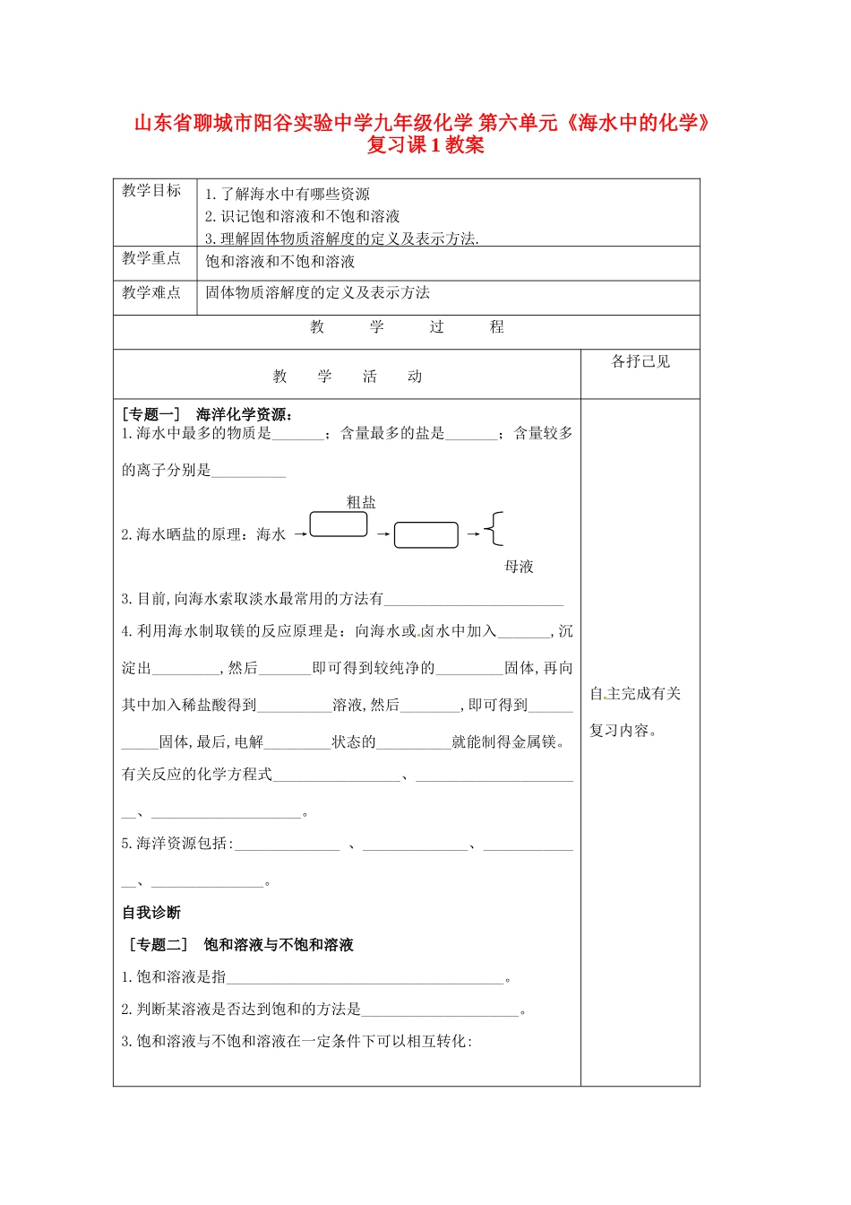 山东省聊城市阳谷实验中学九年级化学 第六单元《海水中的化学》复习课1教案_第1页