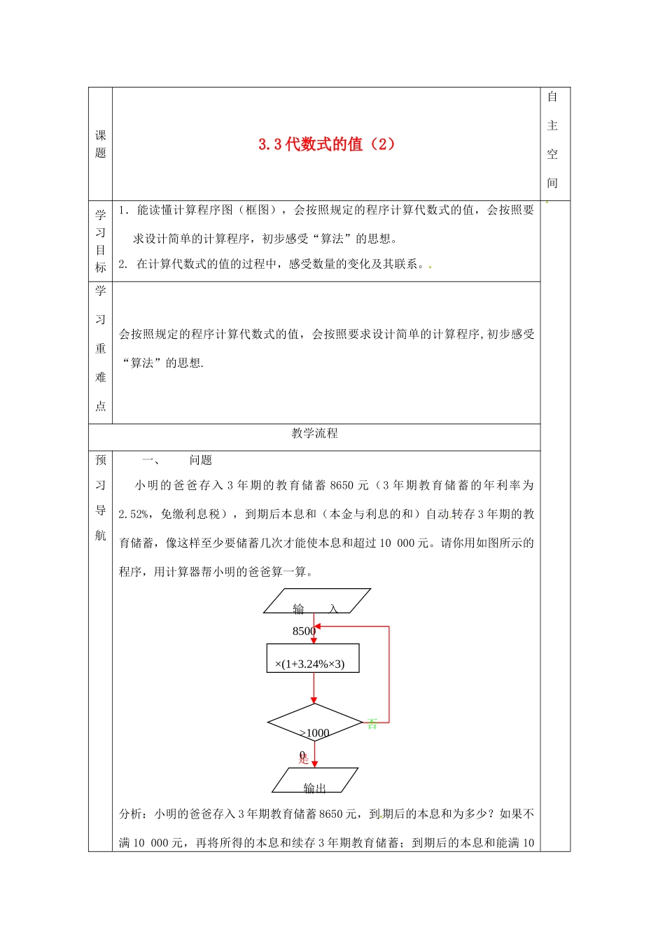江苏省赣榆县赣马第二中学七年级数学《3.3代数式的值（2）》学案_第1页