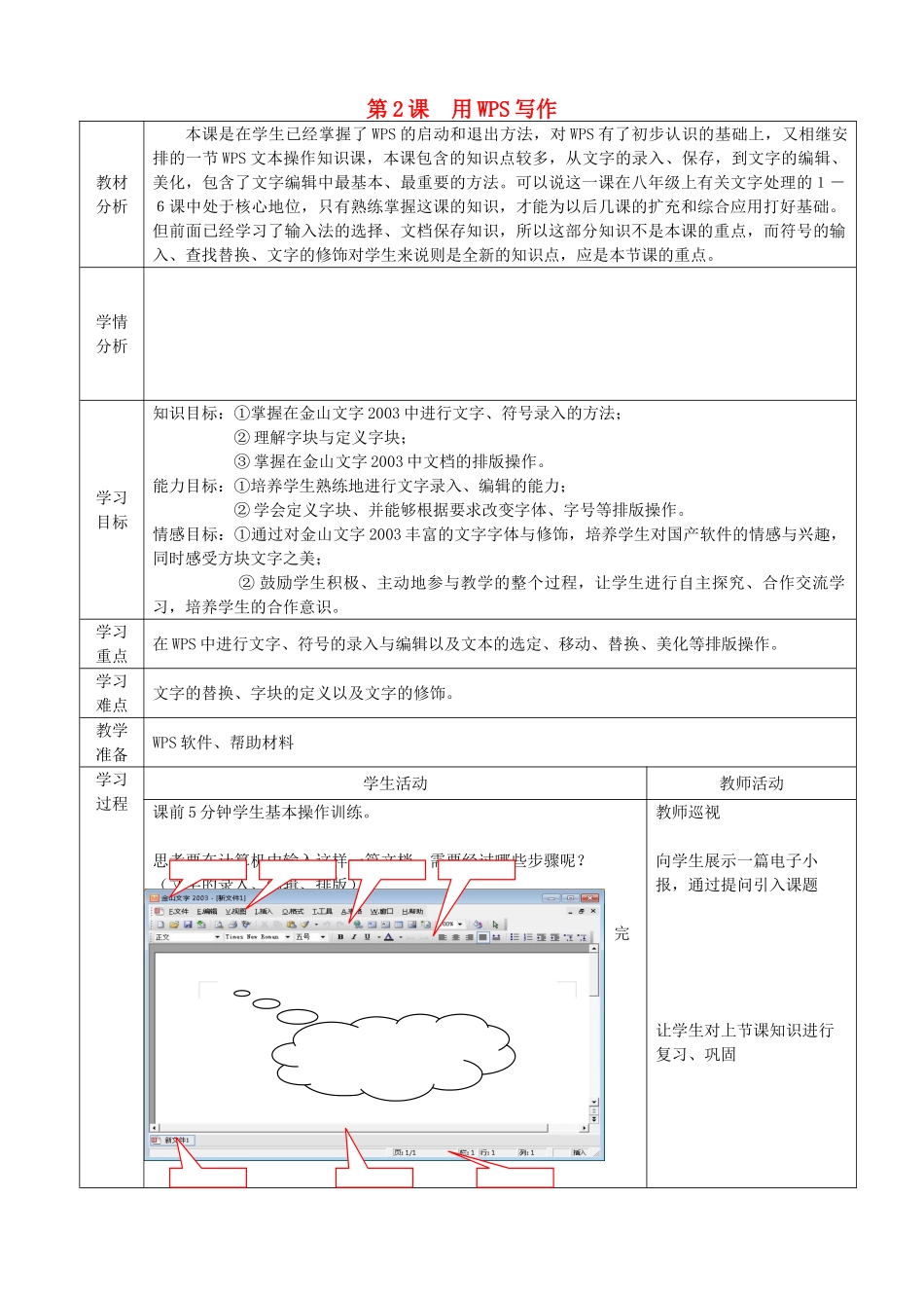四川省八年级信息技术上册 第2课《用WPS写作》教学案 新人教版_第1页