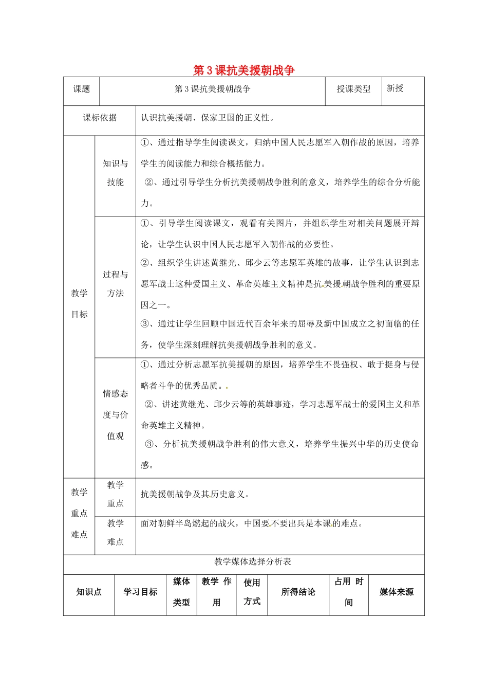 陕西省安康市石泉县池河镇八年级历史下册 第一单元 走向社会主义 第3课 抗美援朝教案2 北师大版-北师大版初中八年级下册历史教案_第1页