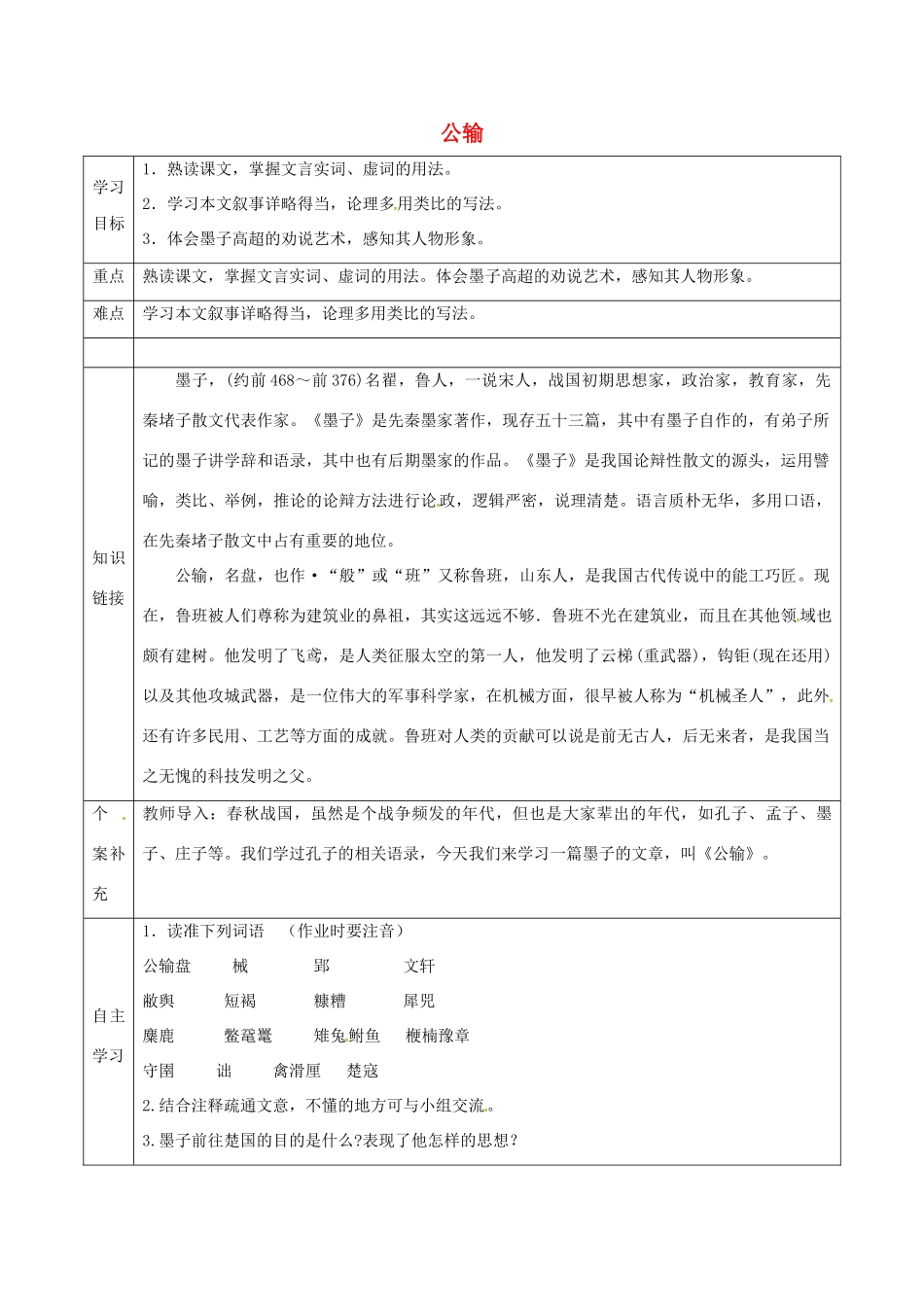 天津市滨海新区九年级语文下册 第五单元 17 公输导学案 （新版）新人教版-（新版）新人教版初中九年级下册语文学案_第1页