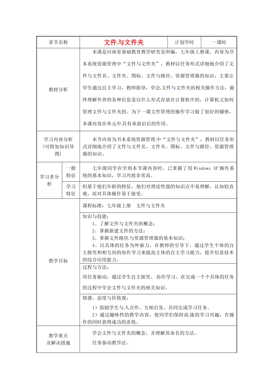 河南省濮阳市范县白衣阁第二中学初中信息技术《文件与文件夹》教案 人教新课标版_第1页