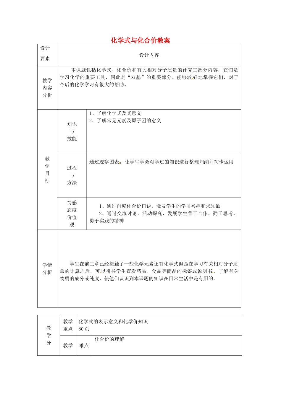 新疆兵团第五师八十八团学校九年级化学上册 化学式与化合价教案 新人教版_第1页
