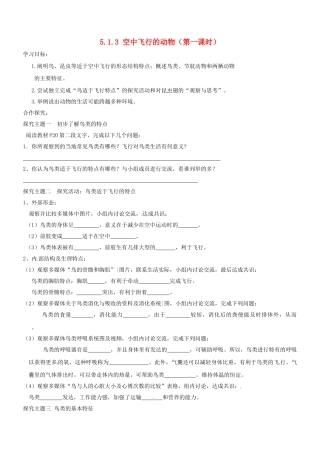 山东省胶南市理务关镇中心中学八年级生物上册 5.1.3 空中飞行的动物（第一课时）学案（无答案） 新人教版