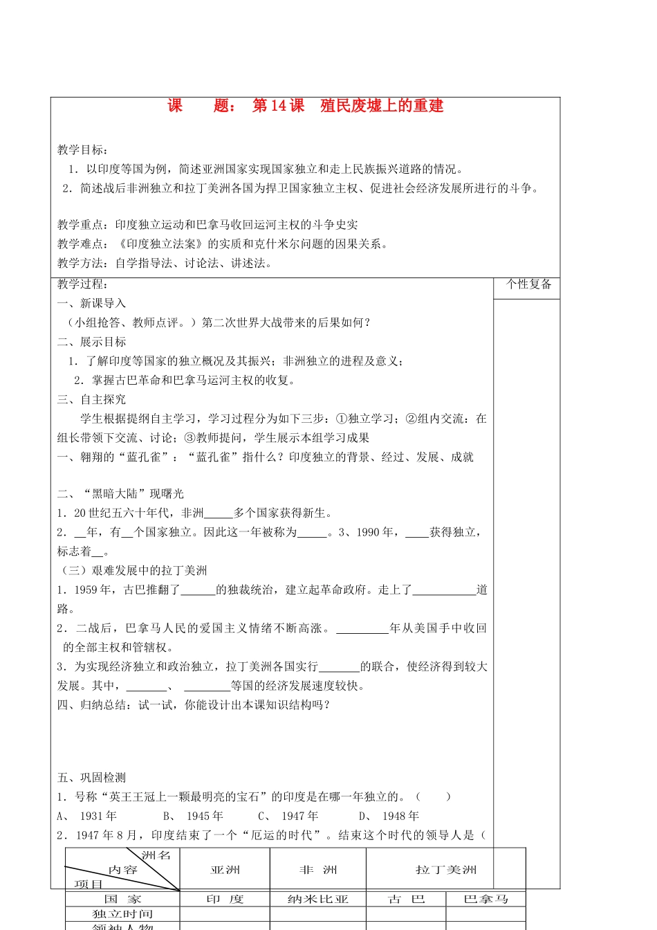九年级历史下册 第14课 殖民废墟上的重建教学案 北师大版_第1页