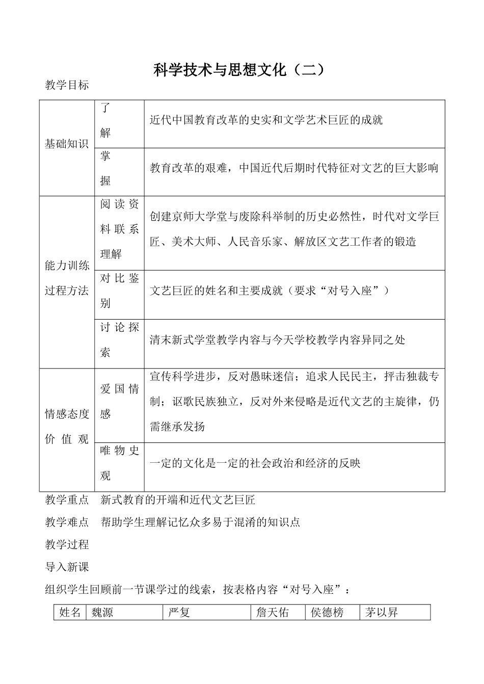 新人教版八年级历史科学技术与思想文化（二）教案_第1页