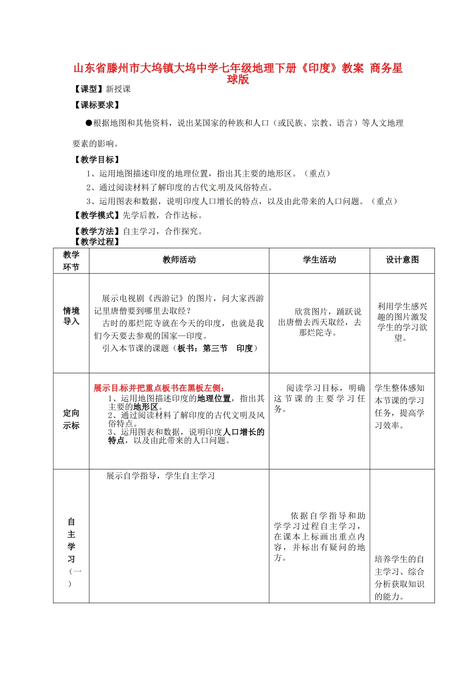 山东省滕州市大坞镇大坞中学七年级地理下册《印度》教案 商务星球版_第1页