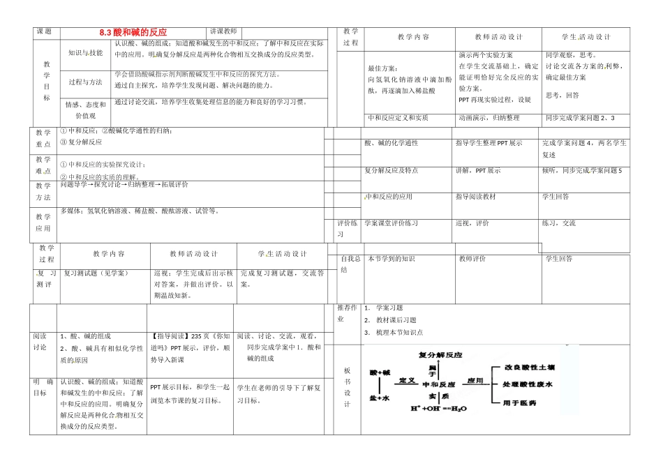 辽宁省凌海市石山初级中学九年级化学下册 8.3 酸和碱的反应教案 粤教版_第1页