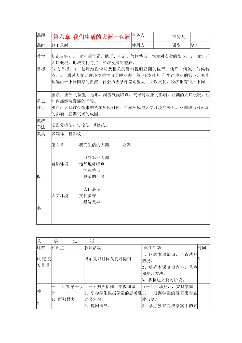 山东省临沭县第三初级中学七年级地理下册《亚洲》复习教案 湘教版_第1页
