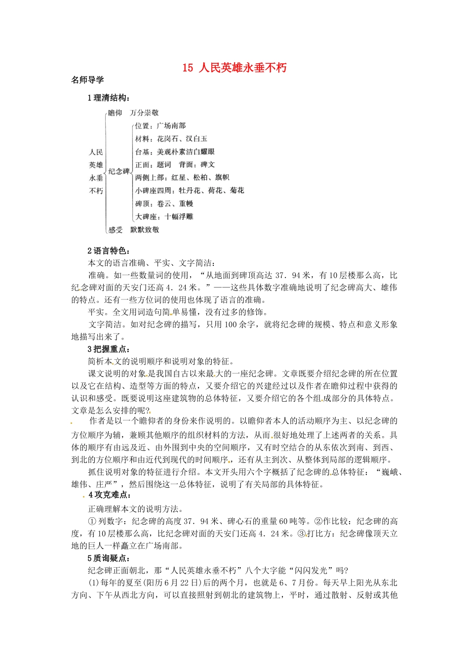 秋八年级语文上册 15 人民英雄永垂不朽课堂导学 北京课改版-北京课改版初中八年级上册语文学案_第1页