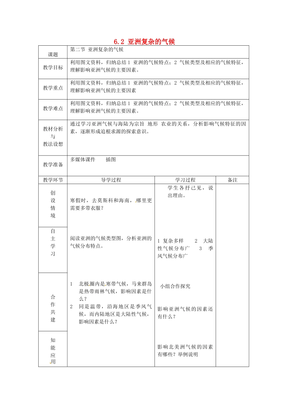 山东省临沂市蒙阴县第四中学七年级地理下册 6.2 亚洲复杂的气候教案 （新版）新人教版_第1页