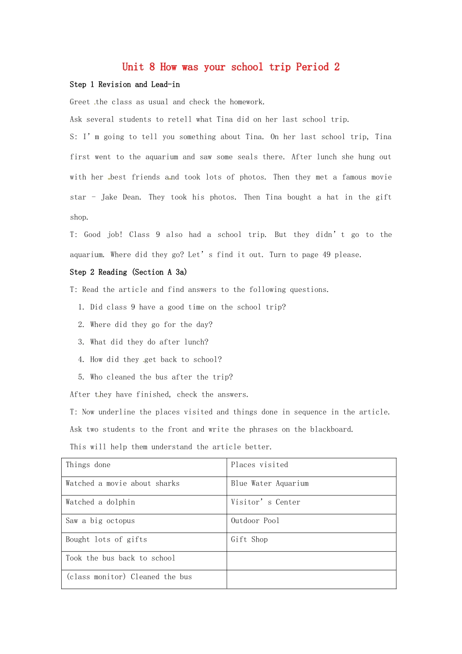 山东省肥城市安站中学八年级英语上册 Unit 8 How was your school trip Period 2导学案 人教新目标版_第1页