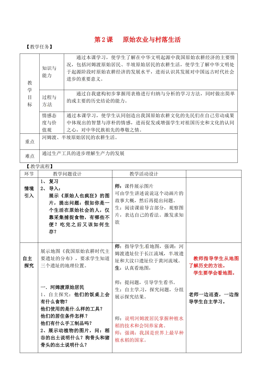 （秋季版）七年级历史上册 第2课 原始农业与村落生活教案 岳麓版-岳麓版初中七年级上册历史教案_第1页