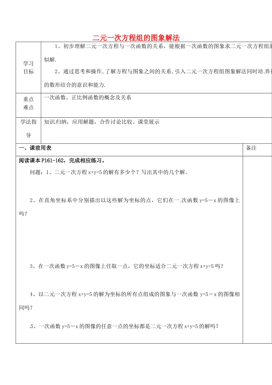 江苏省太仓市浮桥中学八年级数学上册 5.5 二元一次方程组的图象解法学案（无答案） 苏科版_第1页